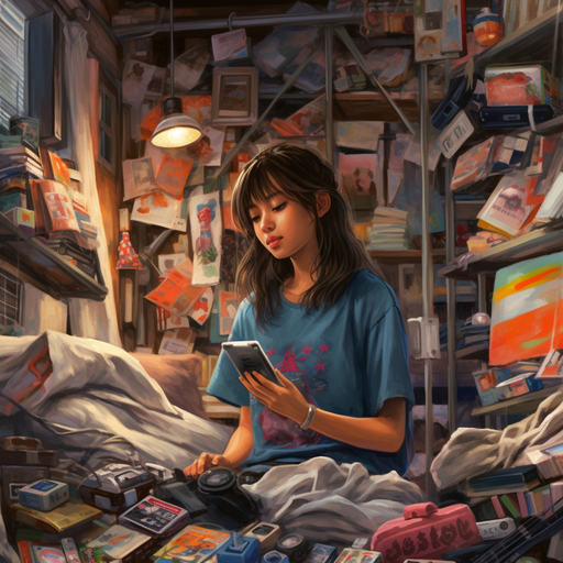 A girl scrolling on the phone and doing nothing while her room is super messy.