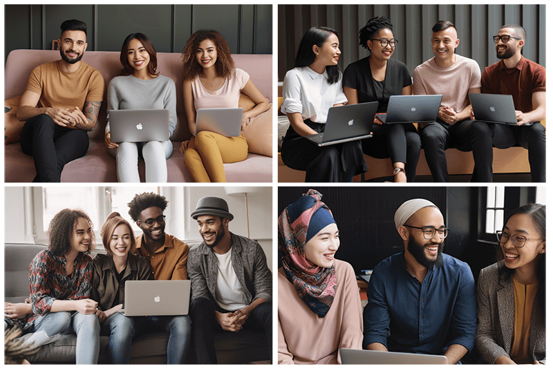 An introductory image of the United Course, for groups of three or more with friends, family, and colleagues. The image shows a group of friends and colleagues enjoying an online language lesson together with smiles on their faces.