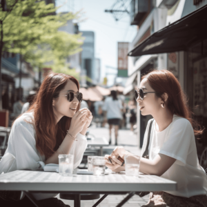 Image of We online Japanese language school. Daily conversation course. Image of a woman enjoying a conversation on the terrace of a cafe.