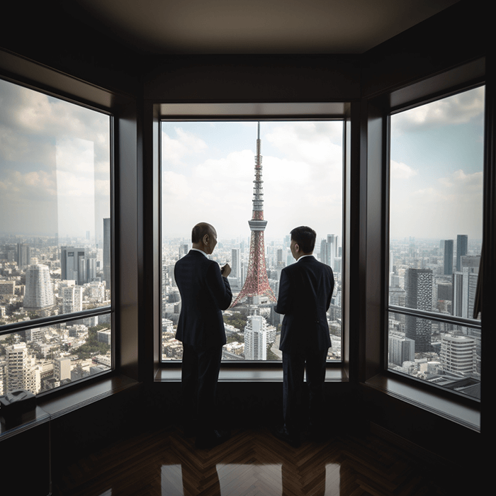 Image of We online Japanese language school. Business conversation course. Two male businessmen are dialoguing by the window of his office. Tokyo Tower can be seen from the window
